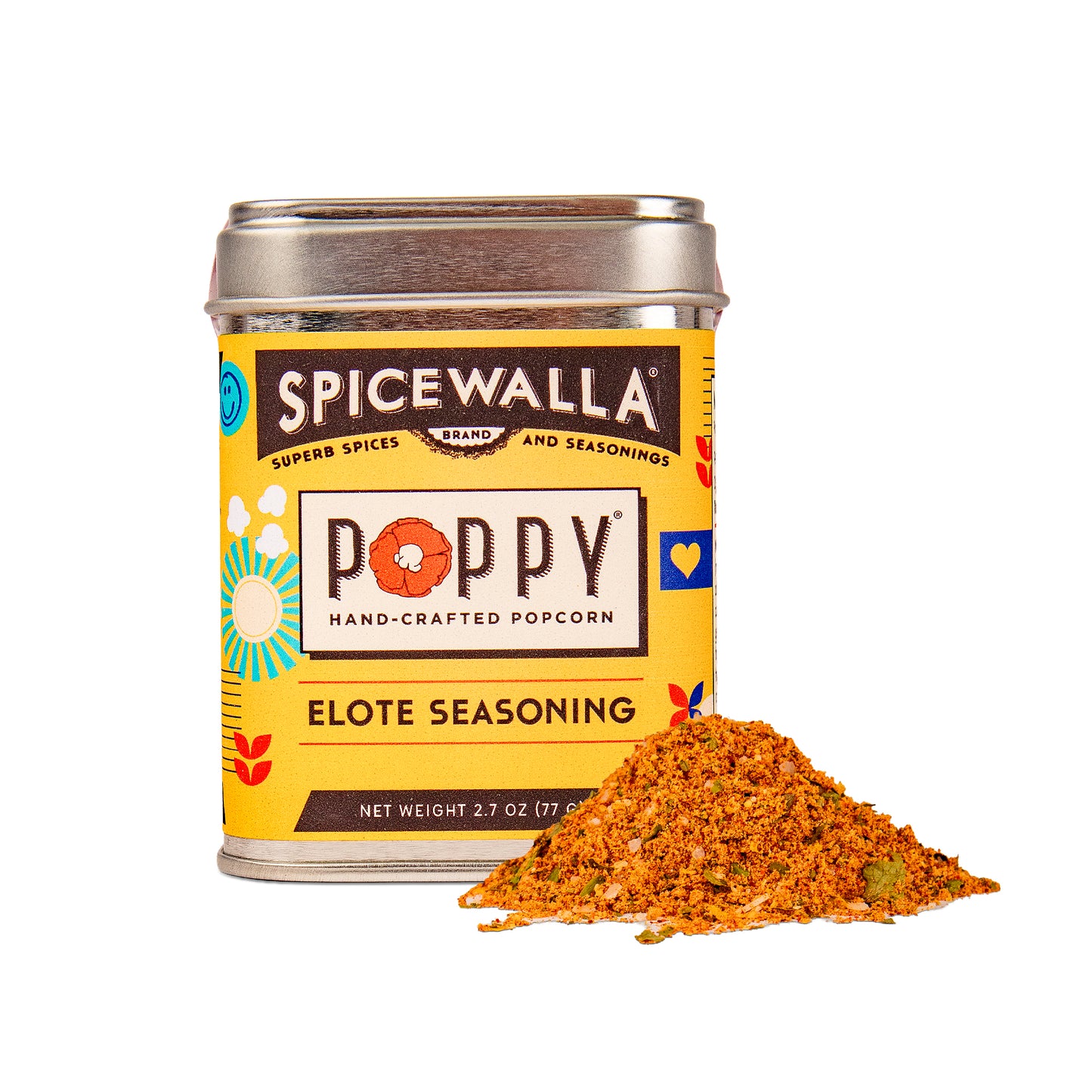 Spicewalla Poppy Elote Seasoning can with seasoning in front on a white background