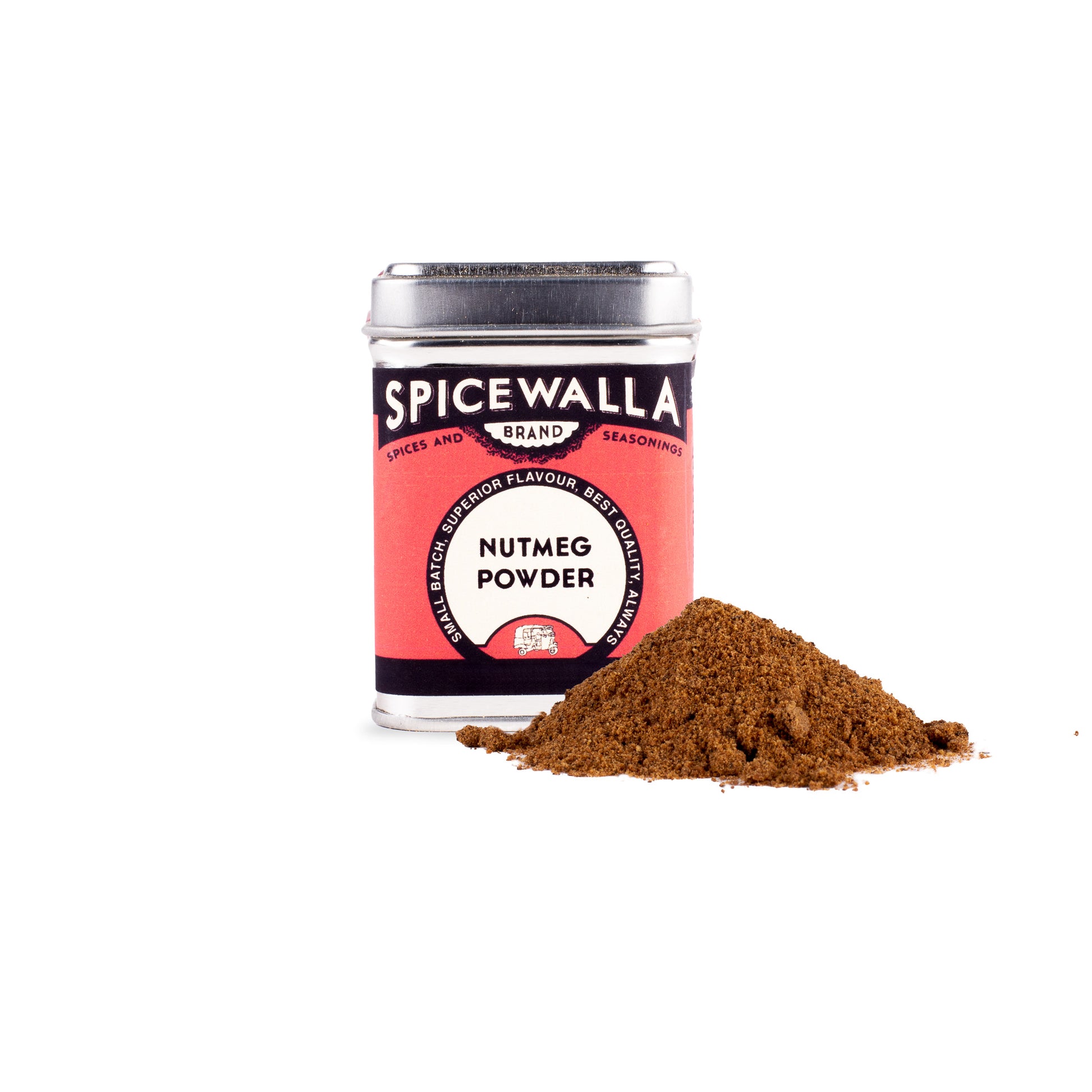 Spicewalla nutmeg powder with a jar and ground nutmeg on a white background