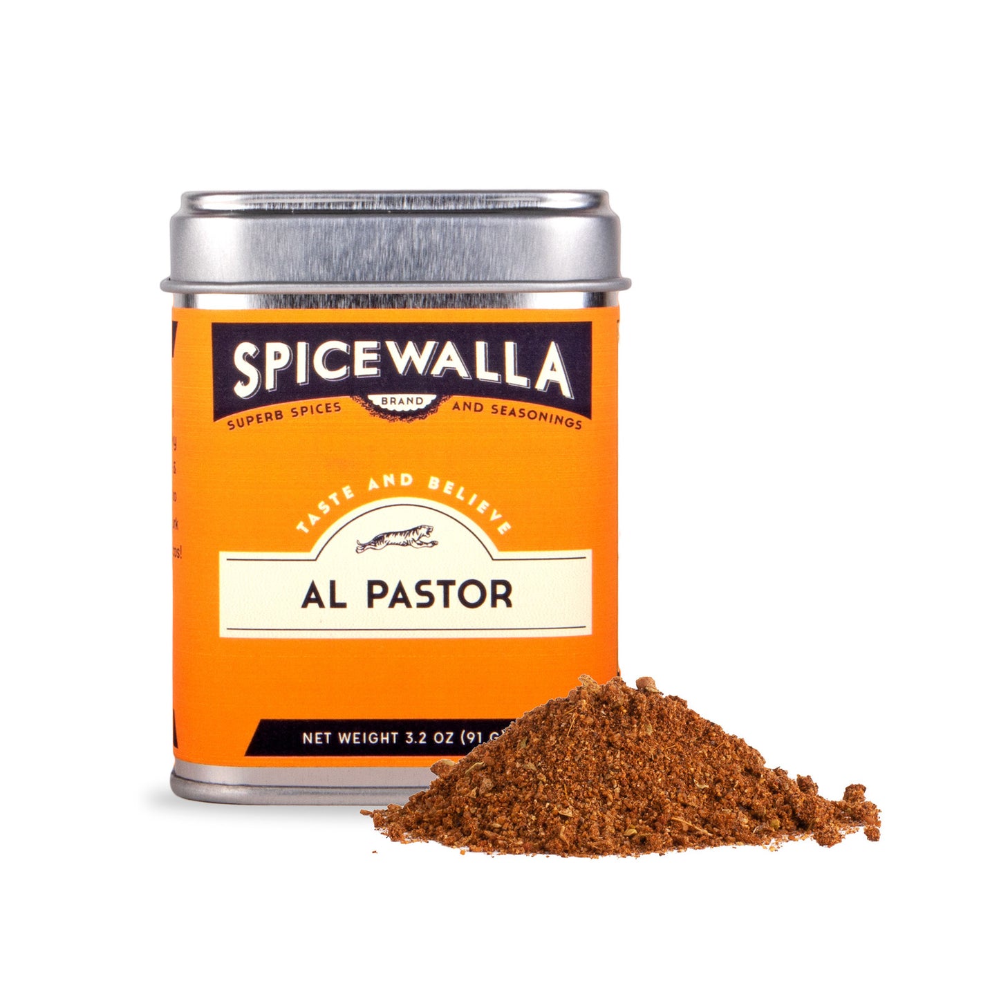 Spicewalla Al Pastor spice can with spice powder on a white background