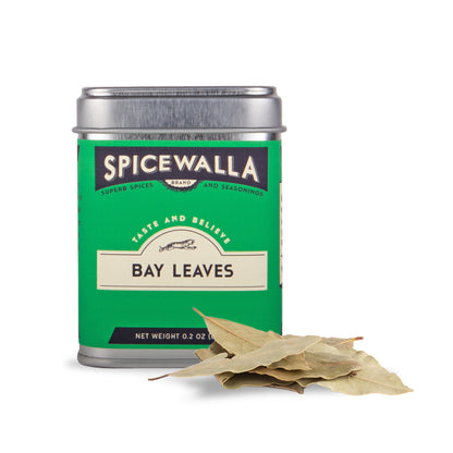 Spicewalla bay leaves canister with dried bay leaves on a white background