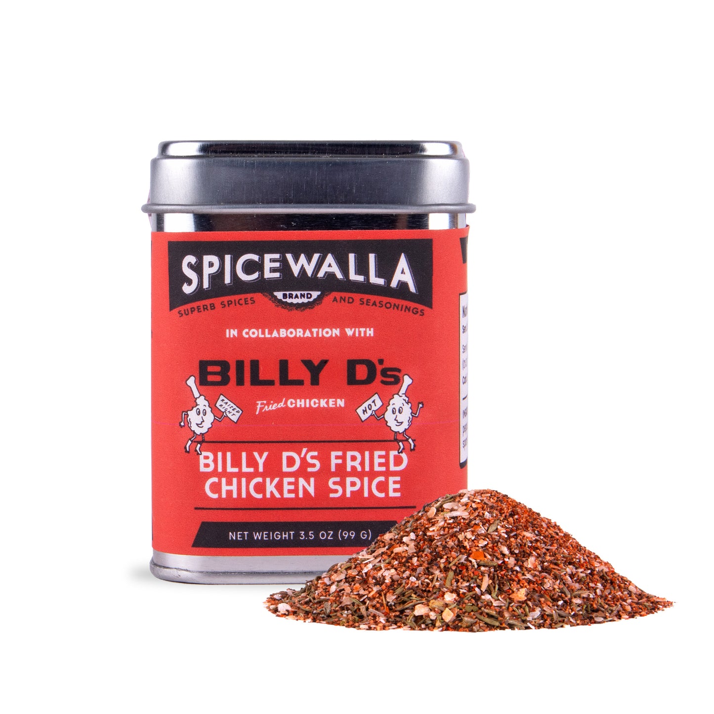 Spicewalla Billy D's Fried Chicken Spice can with spilled spice on a white background