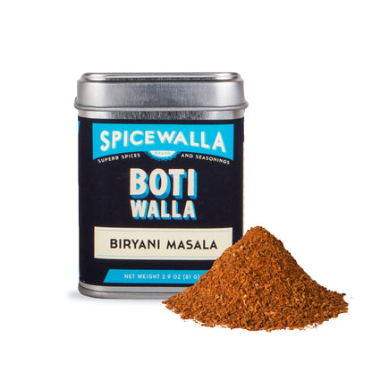 Spicewalla Boti Walla Biryani Masala spice can with a pile of spice on a white background