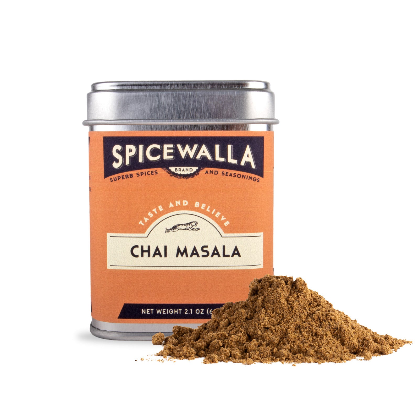 Spicewalla Chai Masala spice can with a small pile of spice on a white background