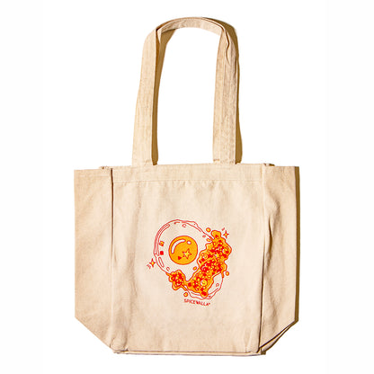 Beige tote bag with a colorful graphic design on a white background
