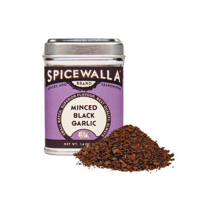 Spicewalla minced black garlic jar with garlic powder on a white background