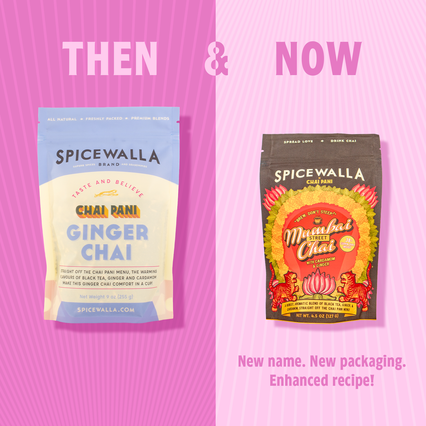 Comparison of Spicewalla product packaging labeled 'Then' and 'Now' on a pink background.