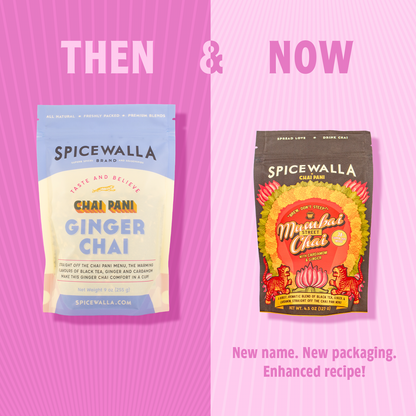 Comparison of Spicewalla product packaging labeled 'Then' and 'Now' on a pink background.