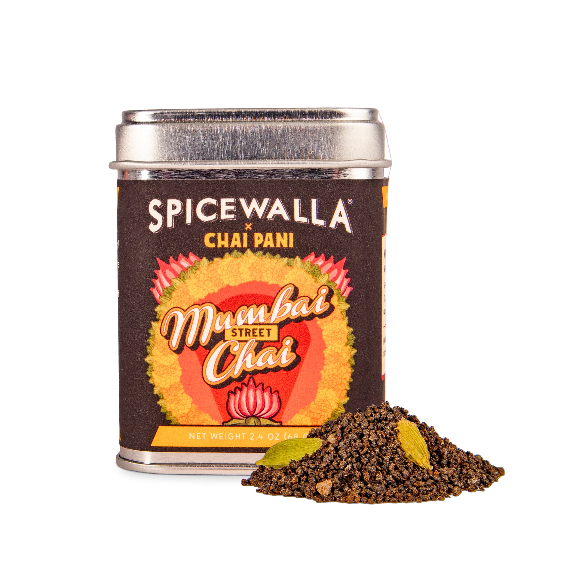 Spicewalla Chai Pani Mumbai Street Chai spice tin with a small pile of spices on a white background