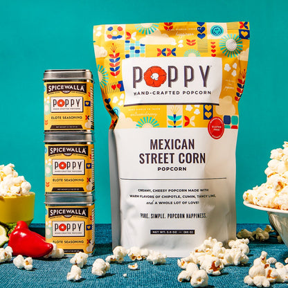 Spicewalla Poppy Mexican Street Corn popcorn packaging with seasoning canisters on a blue background.