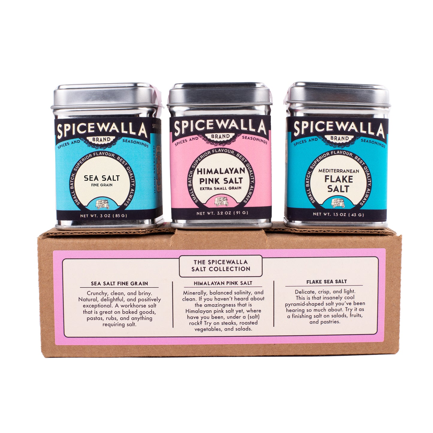 Three Spicewalla salt cans in a cardboard box on a white background