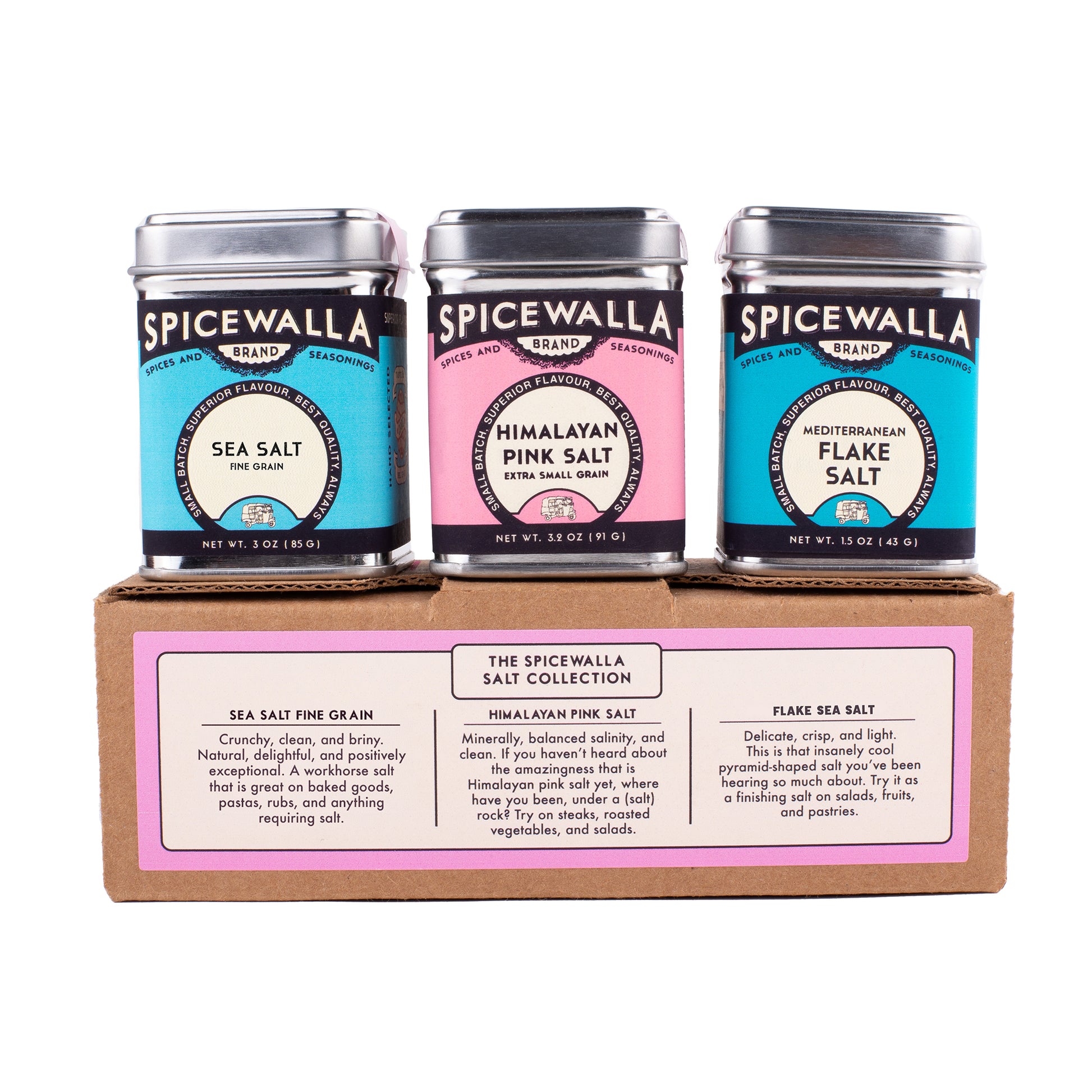 Three Spicewalla salt cans in a cardboard box on a white background