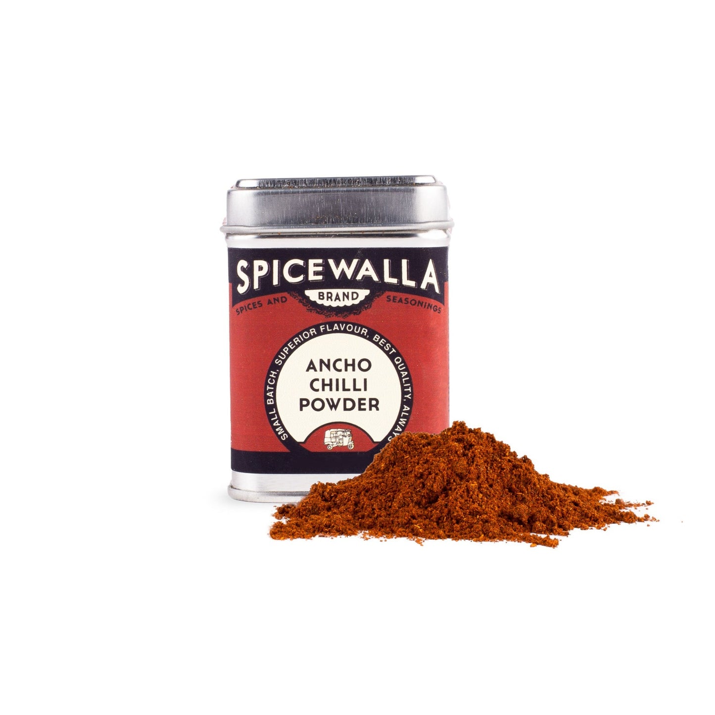 Spicewalla Ancho Chilli Powder can with chili powder spilling out on a white background