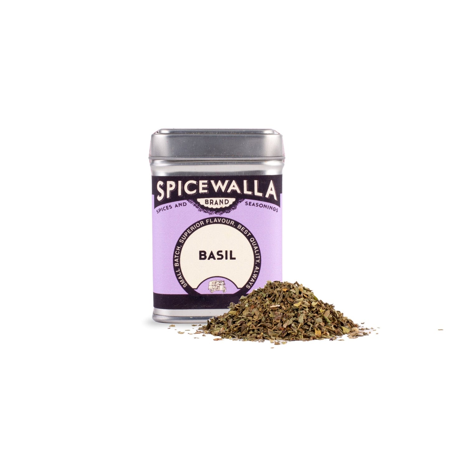 Spicewalla basil spice container with basil leaves on a white background