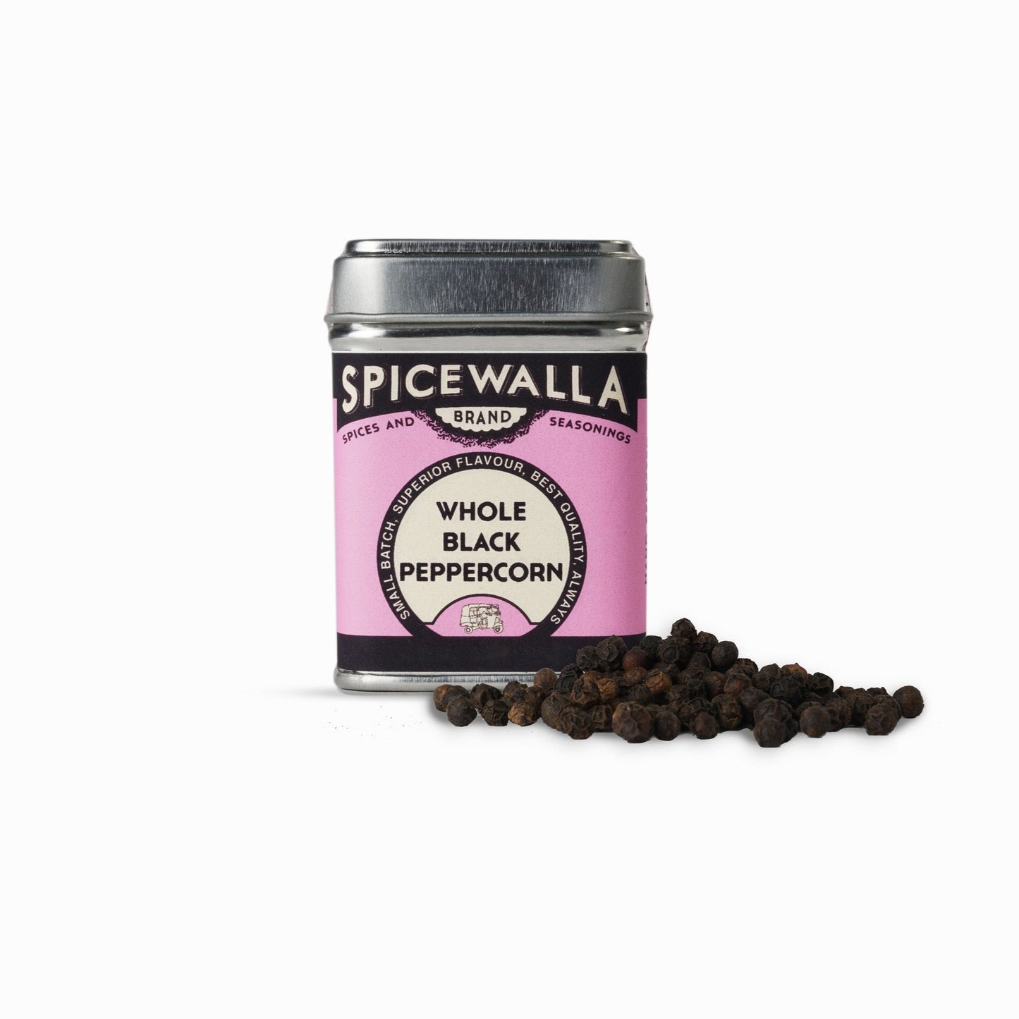 Spicewalla whole black peppercorn canister with peppercorns on a white background