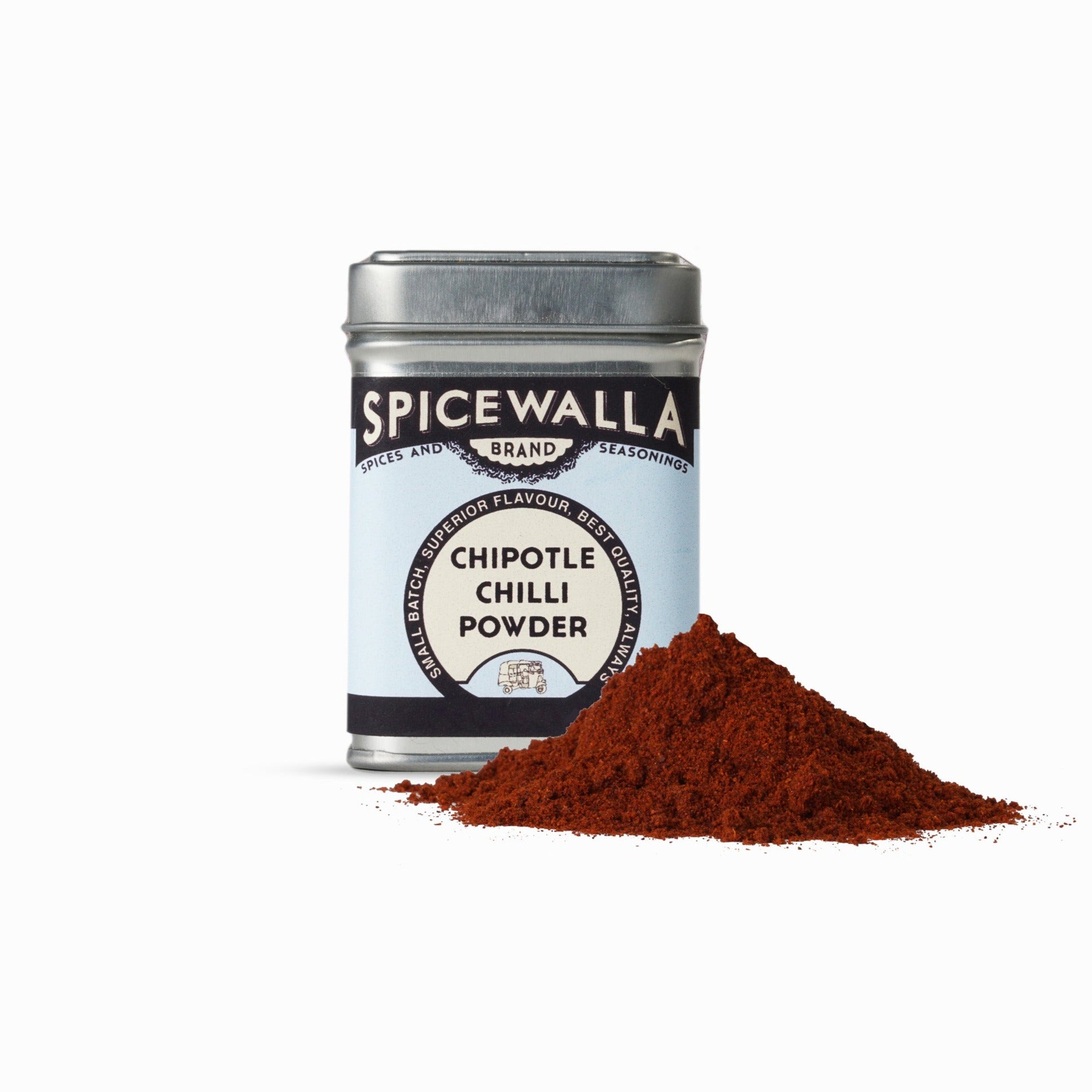 Spicewalla chipotle chili powder with a canister and chili powder on a white background