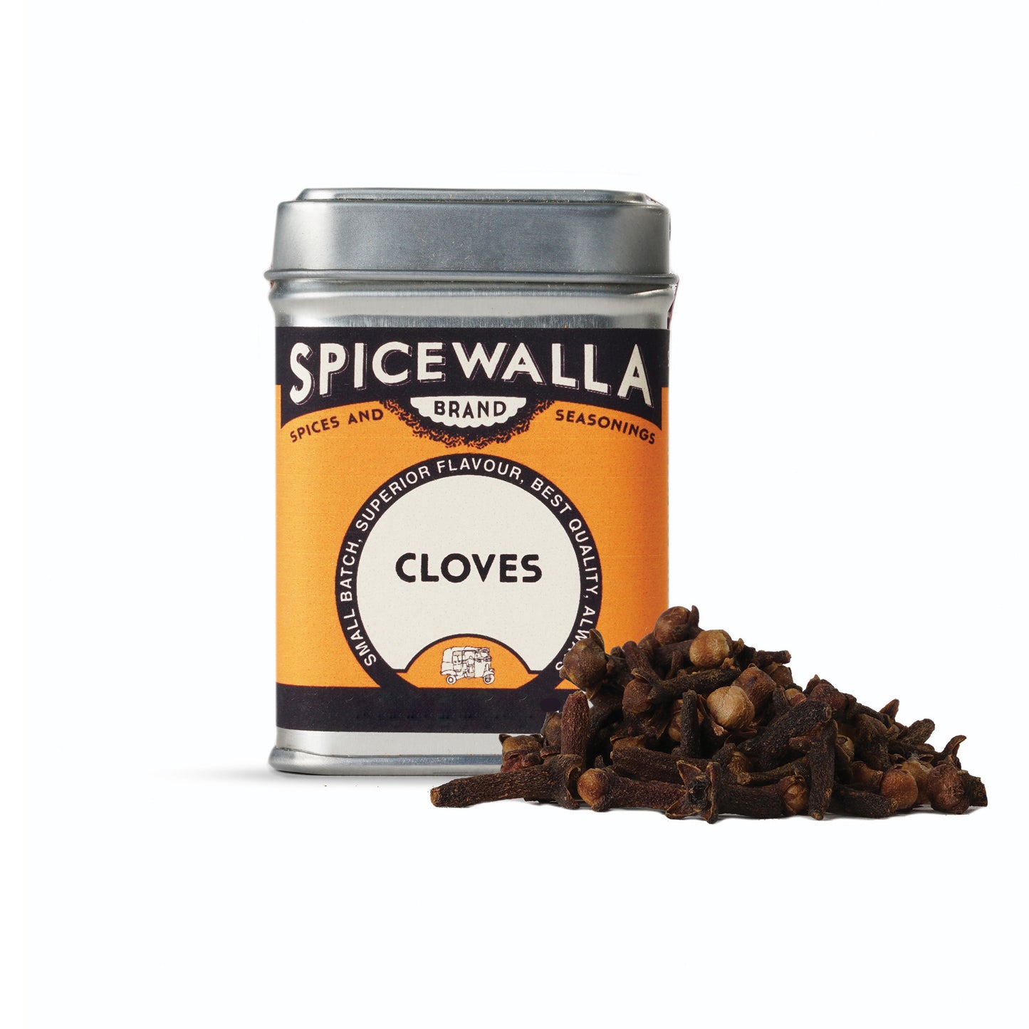 Spicewalla cloves canister with cloves spilling out on a white background