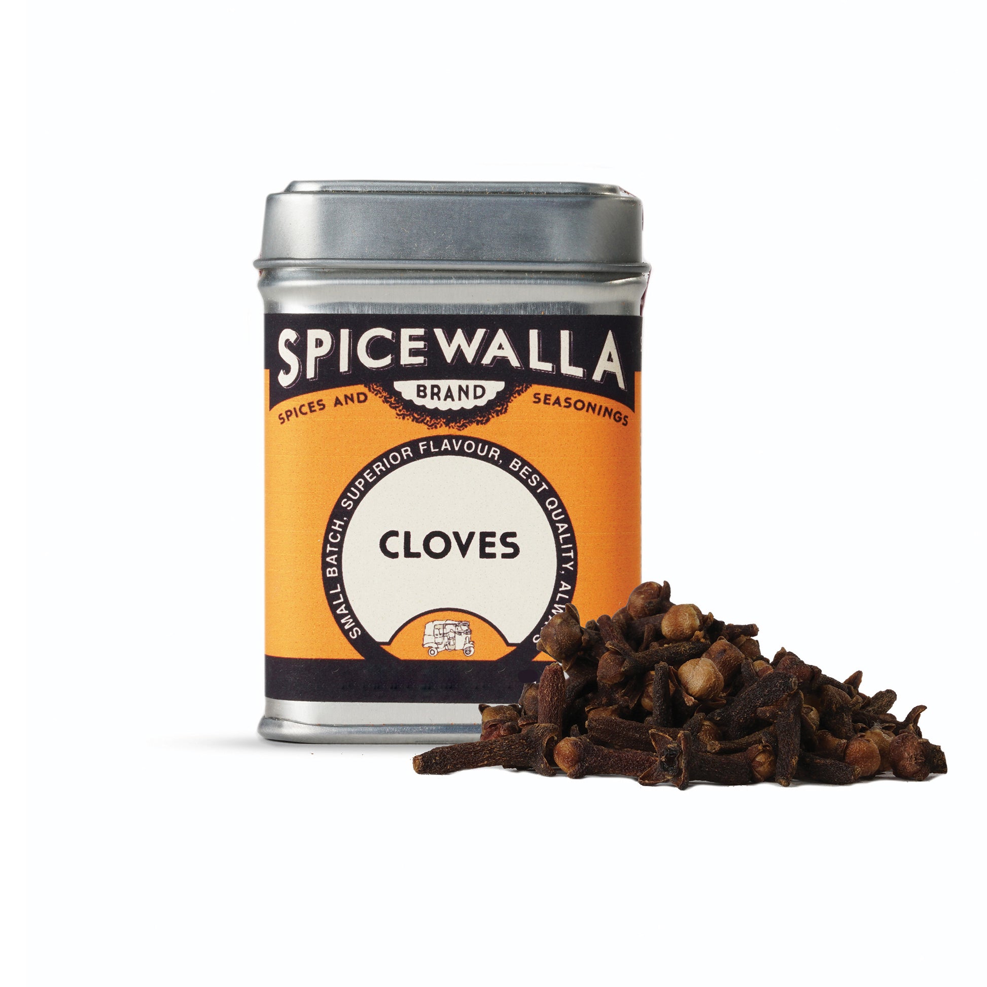 Spicewalla cloves canister with cloves spilling out on a white background