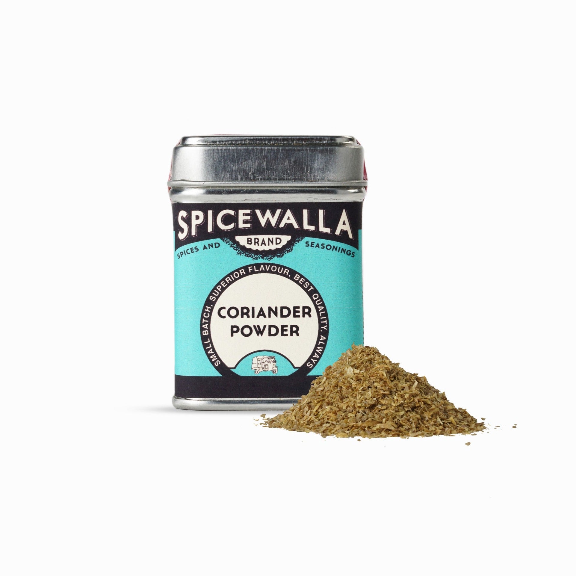 Spicewalla coriander powder canister with coriander powder on a white background