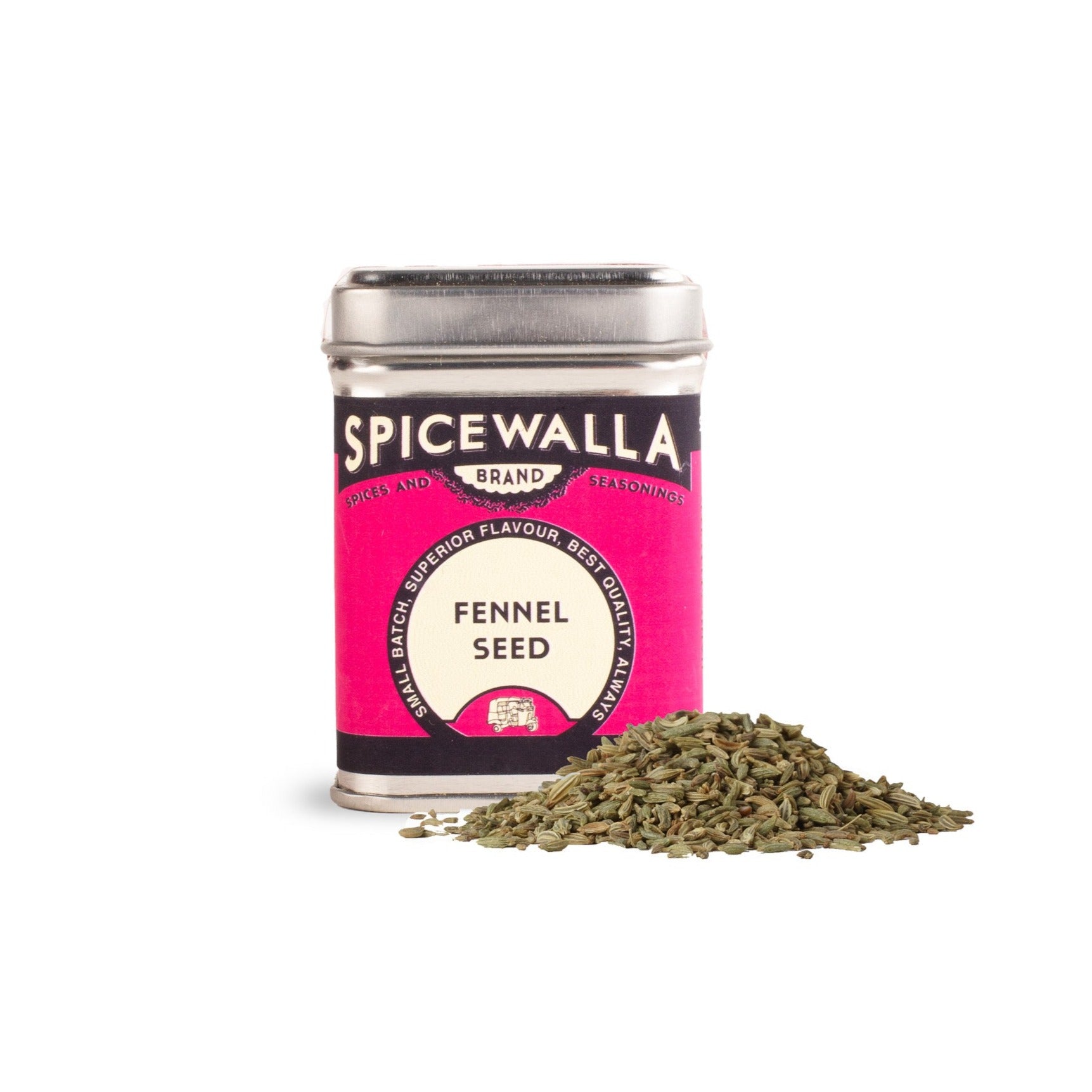 Spicewalla fennel seed canister with fennel seeds on a white background