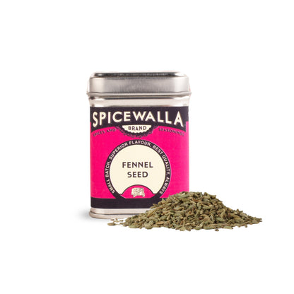 Spicewalla fennel seed canister with fennel seeds on a white background