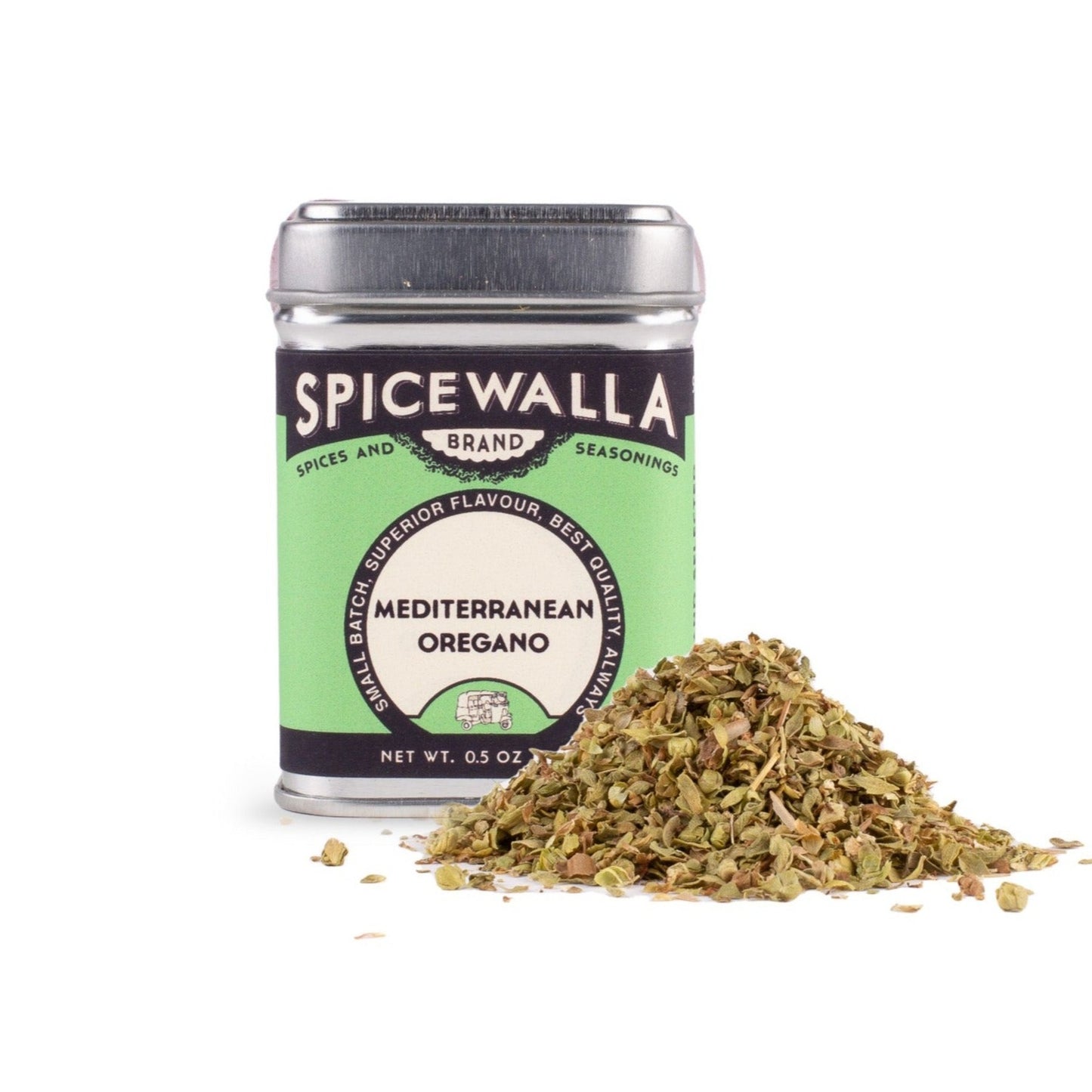 Spicewalla Mediterranean Oregano spice container with oregano leaves on a white background