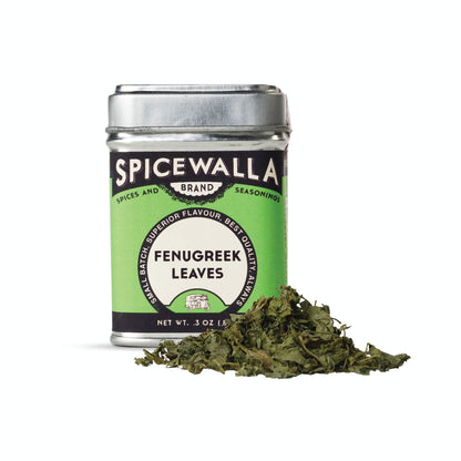 Spicewalla fenugreek leaves canister with green label on a white background