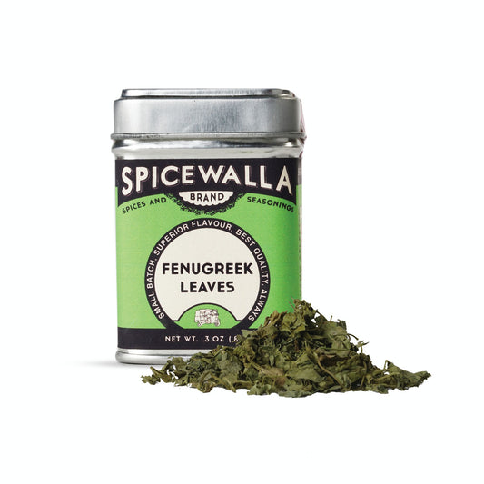 Spicewalla fenugreek leaves canister with green label on a white background