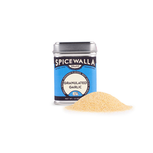 Spicewalla granulated garlic container with garlic powder on a white background