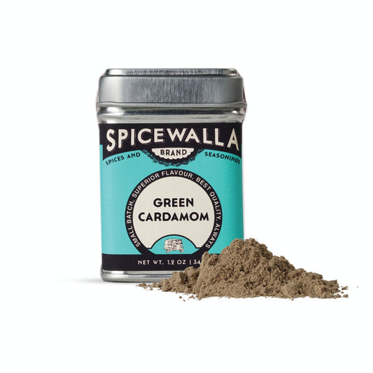 Spicewalla green cardamom seasoning canister with green cardamom powder on a white background