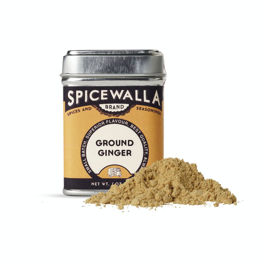 Spicewalla ground ginger spice can with ginger powder on a white background