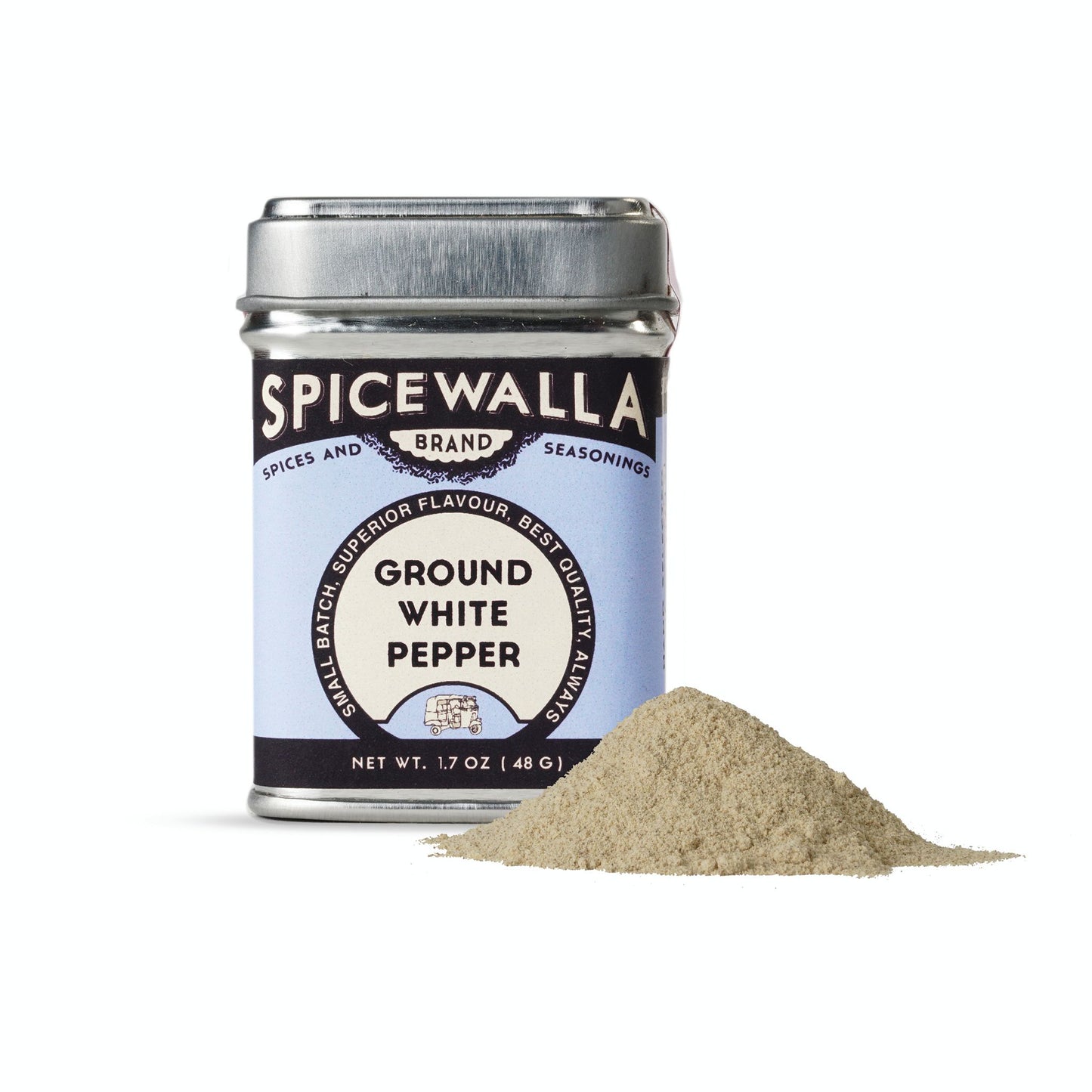 Spicewalla ground white pepper canister with white background