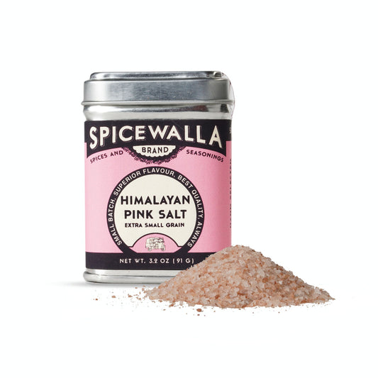 Spicewalla Himalayan Pink Salt canister with pink label on a white background