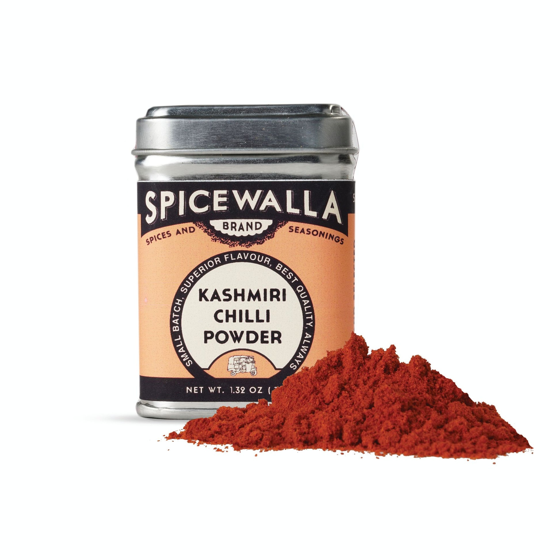 Spicewalla Kashmiri Chilli Powder can with red powder on a white background