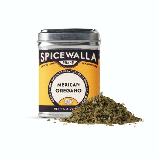 Spicewalla Mexican Oregano spice canister with oregano leaves on a white background