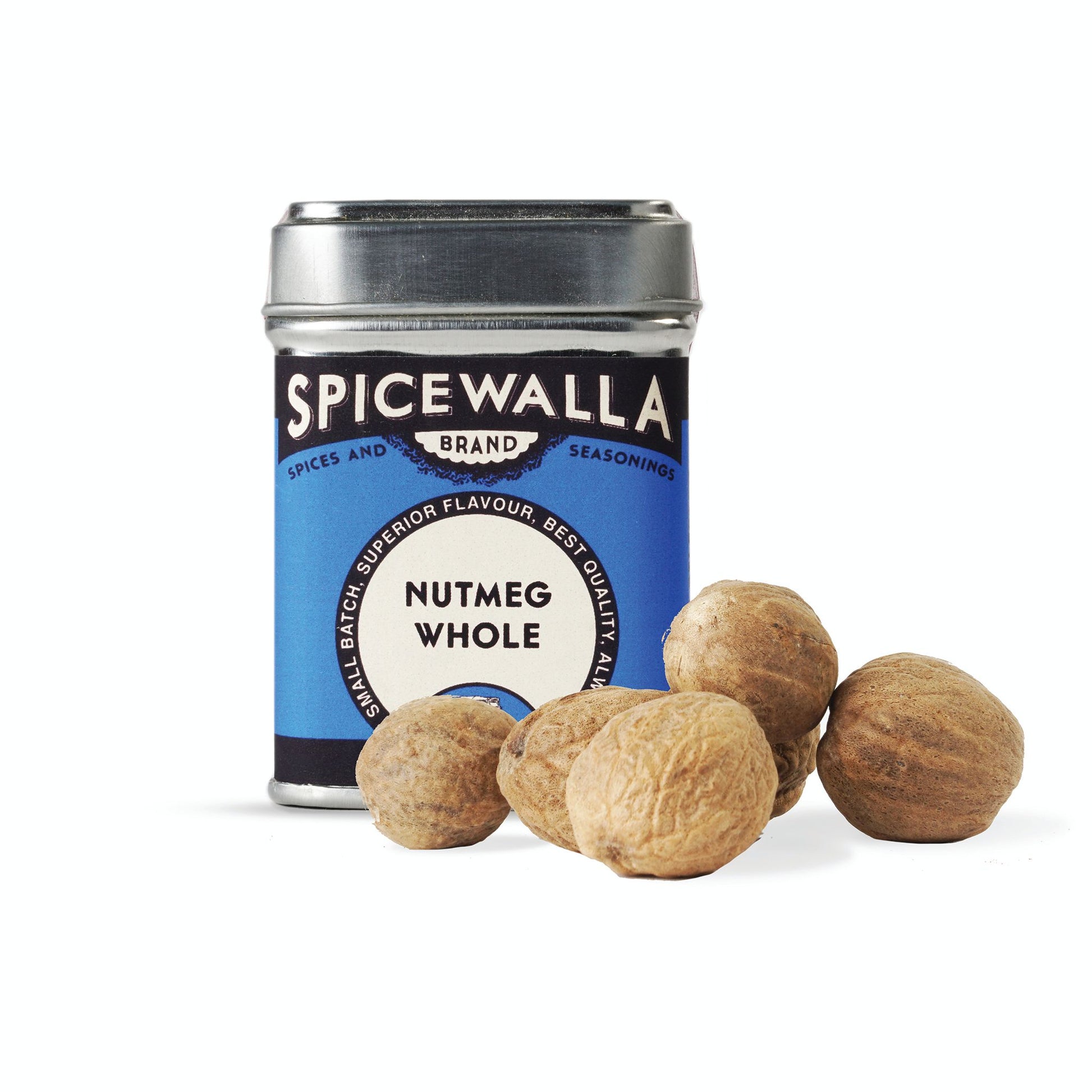 Spicewalla brand nutmeg whole with a canister on a white background