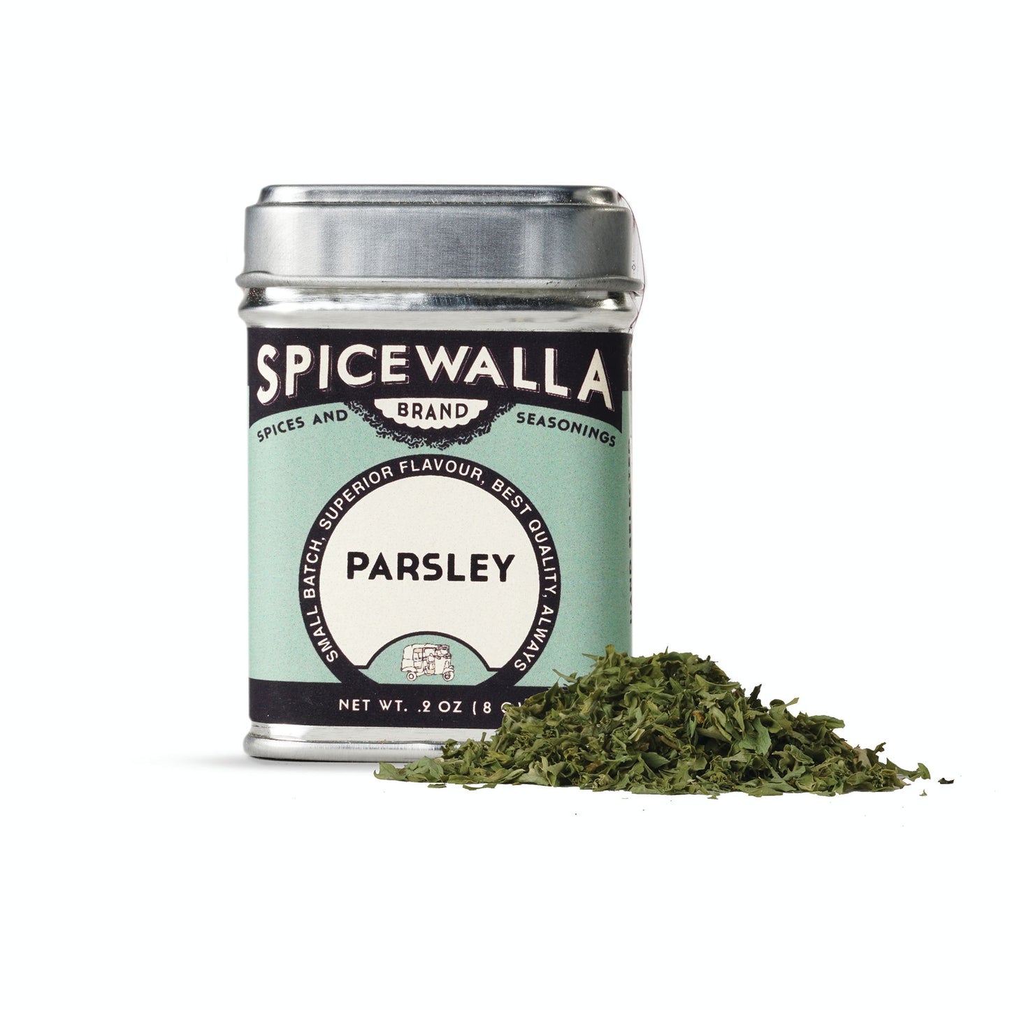 Spicewalla parsley spice jar with dried parsley on a white background