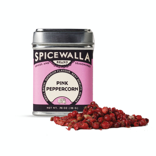 Spicewalla pink peppercorn canister with pink peppercorns on a white background