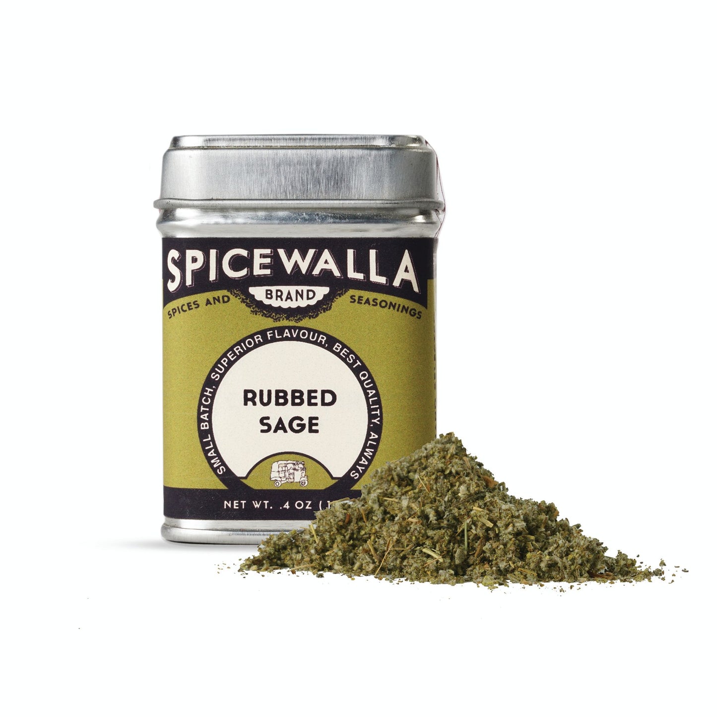 Spicewalla Rubbed Sage spice can with sage leaves on a white background