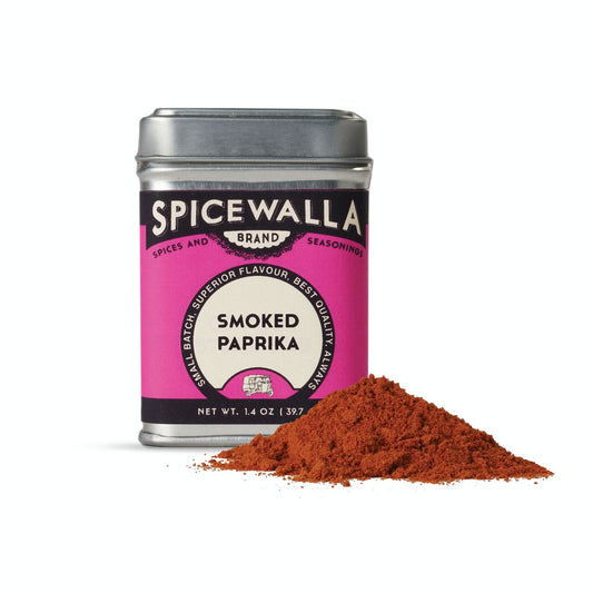 Spicewalla smoked paprika can with red powder on a white background