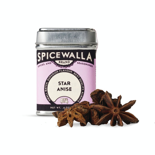 Spicewalla star anise spice canister with star anise seeds on a white background