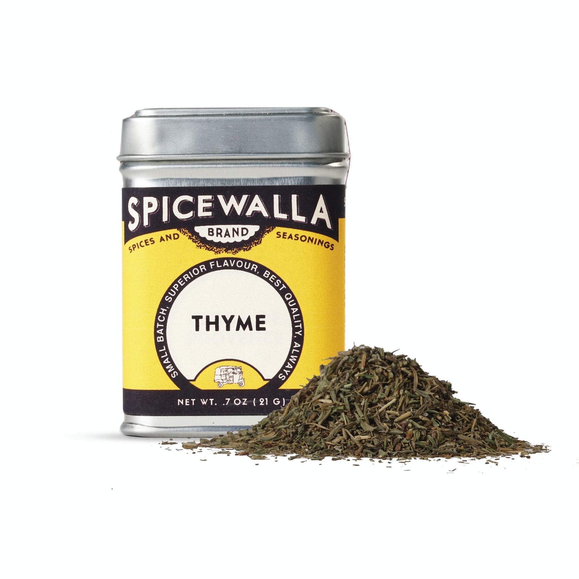 Spicewalla thyme canister with thyme leaves on a white background