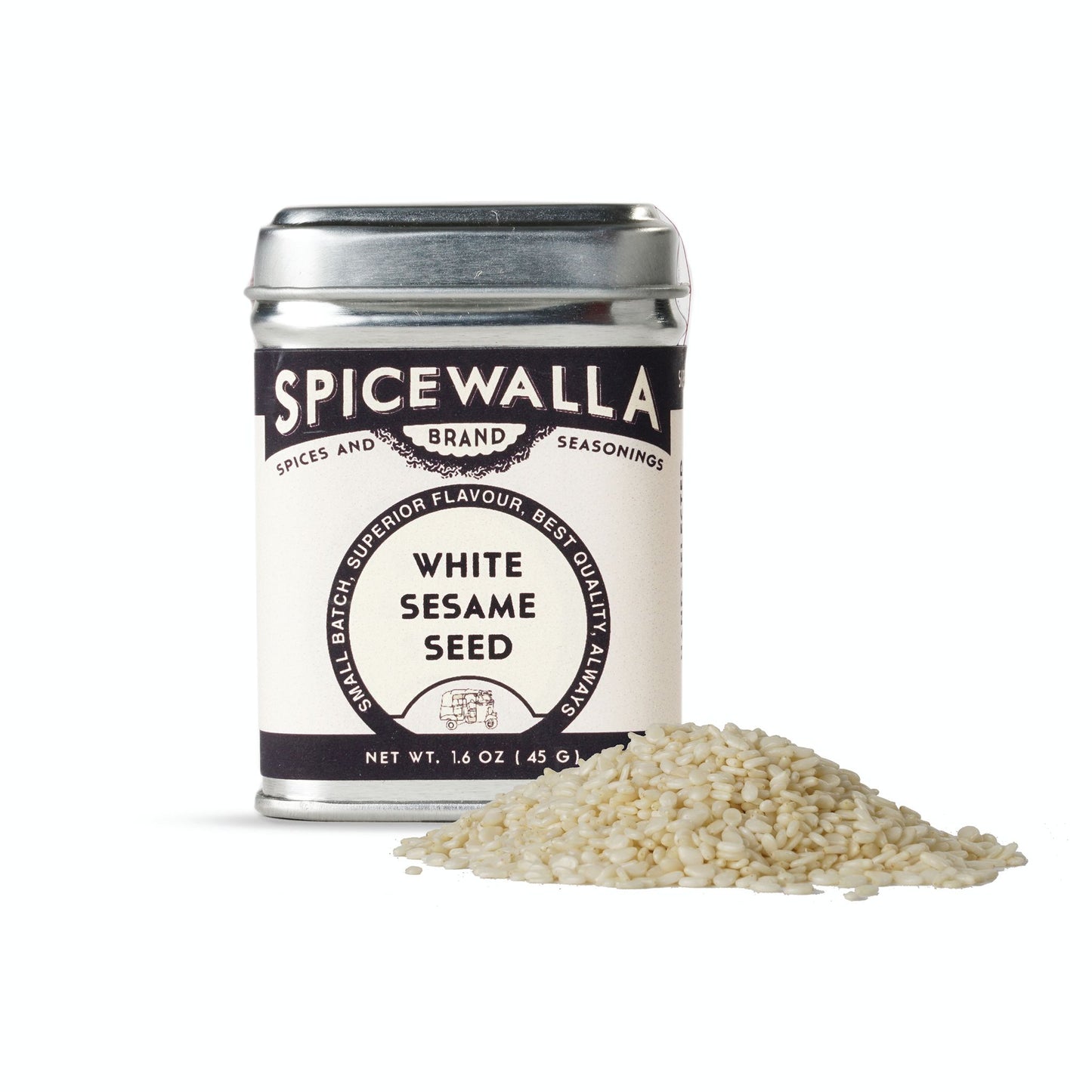 Spicewalla white sesame seed canister with sesame seeds on a white background