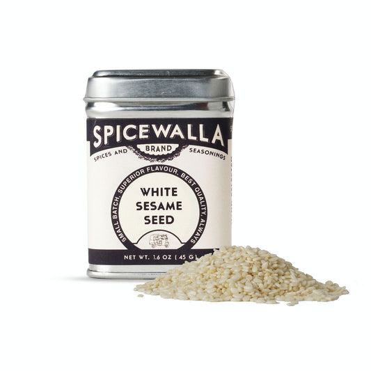 Spicewalla white sesame seed canister with sesame seeds on a white background