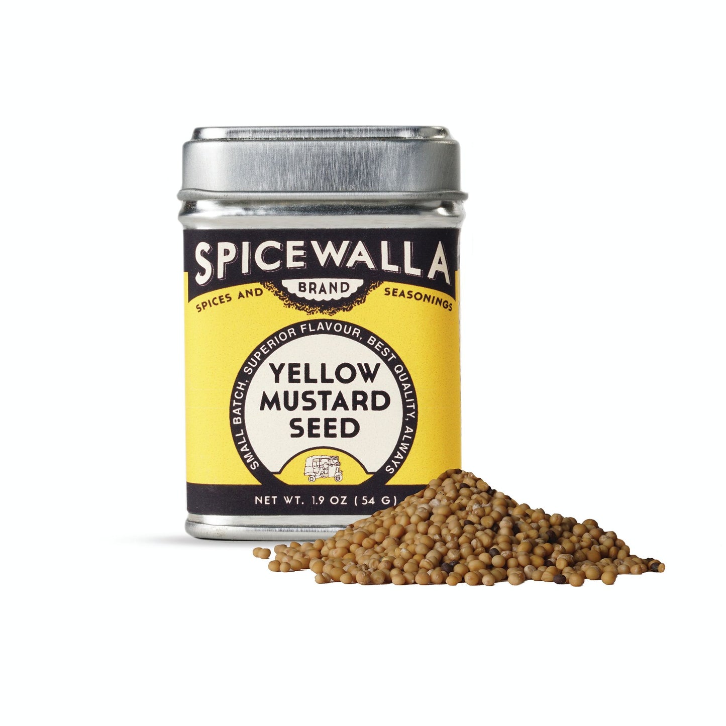 Spicewalla yellow mustard seed canister with mustard seeds on a white background
